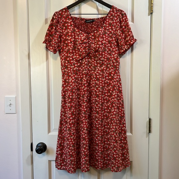 Allegra K Cherry Ruched Chest Midi Dress - Size Medium - Picture 1 of 7